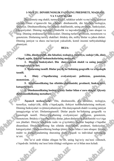 dinshunoslik fanining predmeti, maqsadi va vazifalari — DOCX