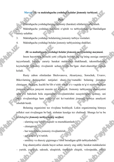 ilk va maktabgacha yoshdagi bolalar jismoniy tarbiyasi — DOCX