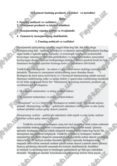 menejment fanining predmeti, vazifalari va metodlari — DOCX