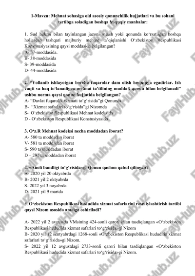 mehnat sohasiga oid asosiy qonunchilik hujjatlari — DOCX