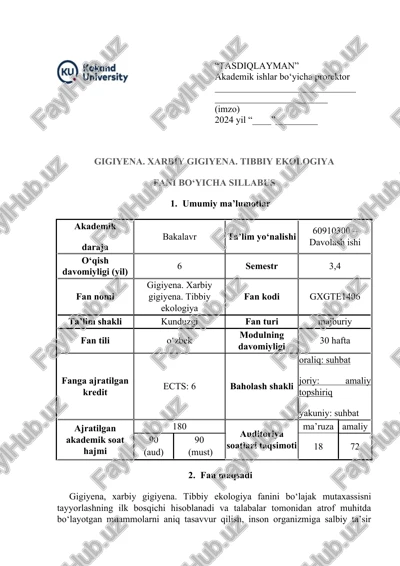 gigiyena. xarbiy gigiyena. tibbiy ekologiya — DOCX