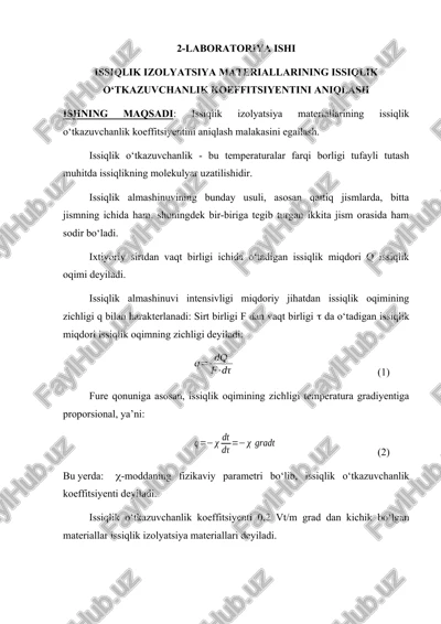 issiqlik izolyatsiya materiallarining issiqlik o‘tkazuvchanlik koeffitsiyentini aniqlash — DOCX