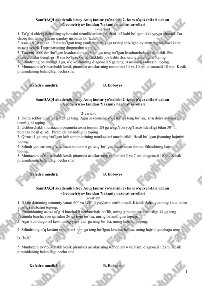 "geometriya" fanidan yakuniy nazorat savollari — DOC