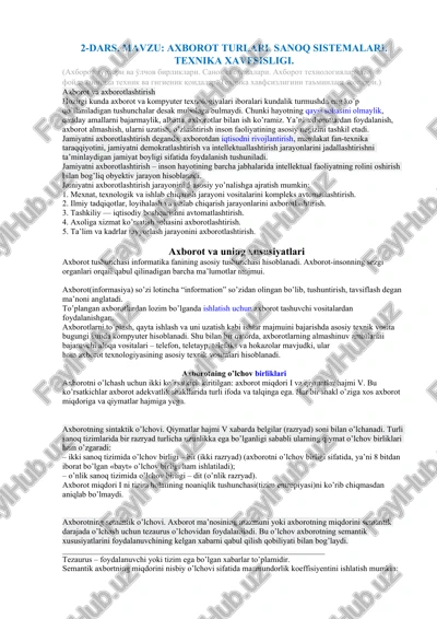 axborot turlari. sanoq sistemalari. texnika xavfsisligi — DOCX