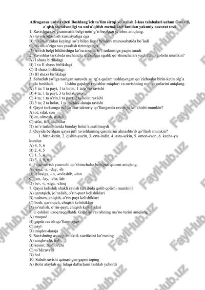 ona tili, o`qish savodxonligi va uni o`qitish metodikasi fanidan yakuniy nazorat testi — DOCX