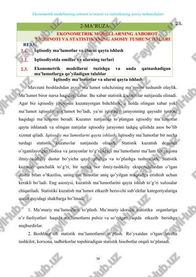 ekonometrik modellarning axborot ta’minoti va statistikaning asosiy tushunchalari — DOCX