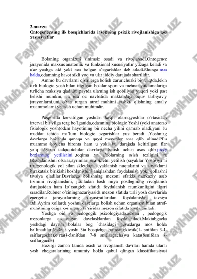 ontogenezning ilk bosqichlarida insonning psixik rivojlanishiga xos xususiyatlar — DOC