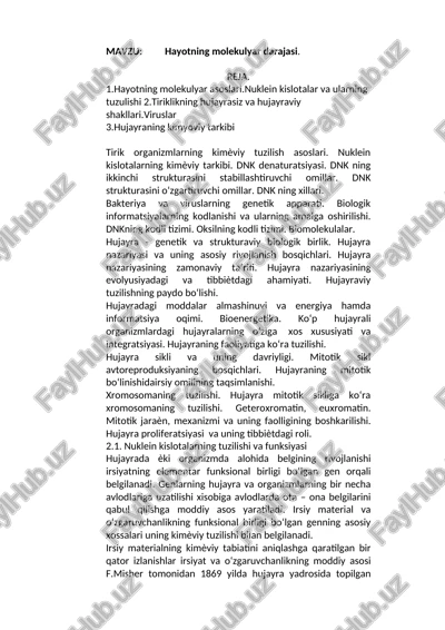 hayotning molekulyar darajasi — DOCX