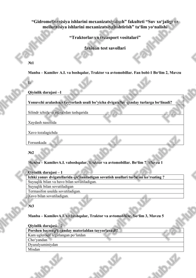 traktorlar va transport vositalari test savollari — DOCX