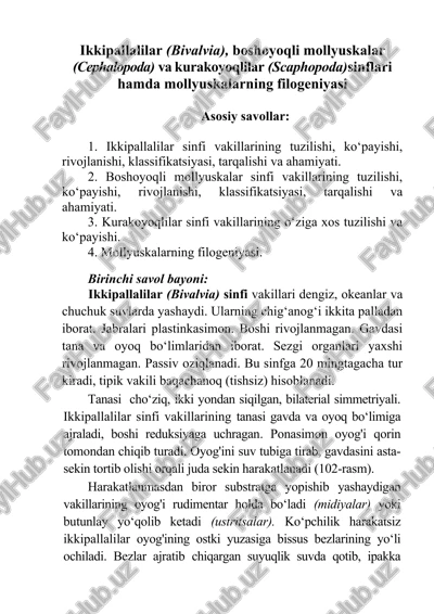 ikkipallalilar (bivalvia), boshoyoqli mollyuskalar (cephalopoda) va kurakoyoqlilar (scaphopoda)sinflari hamda mollyuskalarning filogeniyasi — DOCX