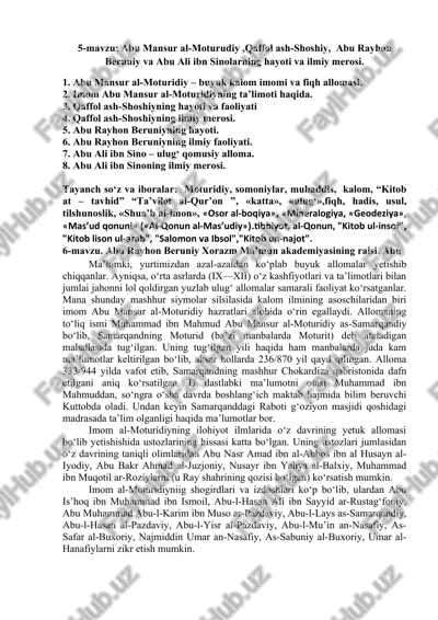 abu mansur al-moturudiy, qaffol ash-shoshiy, abu rayhon beruniy va abu ali ibn sinolarning hayoti va ilmiy merosi — DOCX