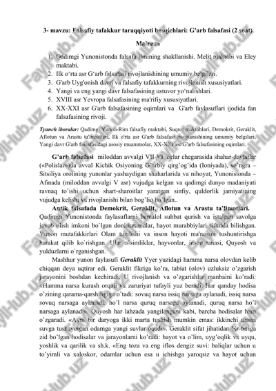 falsafiy tafakkur taraqqiyoti bosqichlari: g'arb falsafasi (2 soat) — DOCX