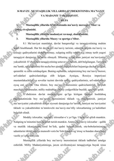 mustaqillik yillarida o’zbekistonda ma’naviy va madaniy taraqqiyot — DOCX