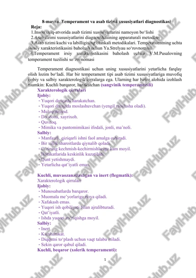 temperament va asab tizimi xususiyatlari diagnostikasi — DOCX