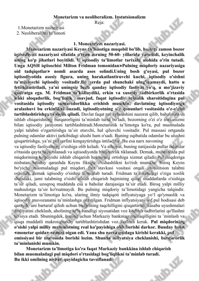 monetarizm va neoliberalizm. instutsionalizm — DOCX