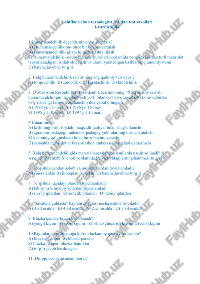 8-sinflar uchun texnologiya fanidan test savollari — DOCX