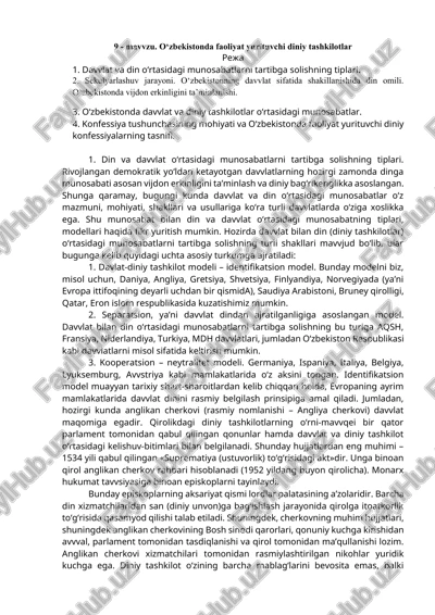 o‘zbekistonda faoliyat yurituvchi diniy tashkilotlar — DOCX