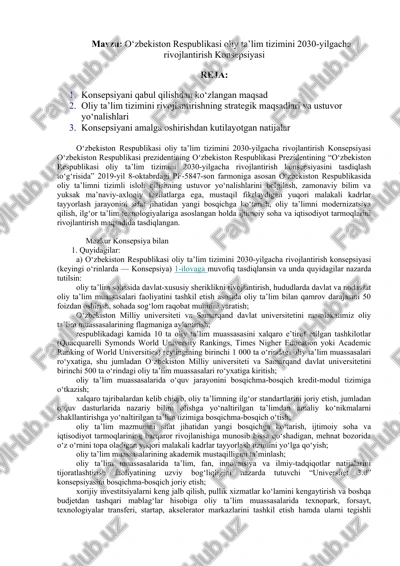 o‘zbekiston respublikasi oliy ta’lim tizimini 2030-yilgacha rivojlantirish konsepsiyasi — DOC