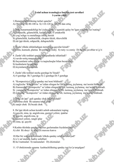 9-sinf uchun texnologiya fanidan test savollari — DOCX
