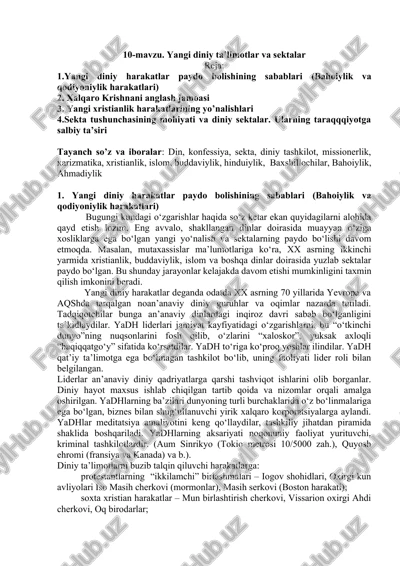 yangi diniy harakatlar paydo bolishining sabablari (bahoiylik va qodiyoniylik harakatlari) — DOCX