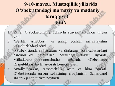 mustaqillik yillarida o‘zbekistondagi ma’naviy va madaniy taraqqiyot — PPT