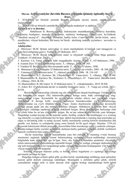 ashtarxoniylar davrida buxoro xonligida ijtimoiy-iqtisodiy hayot — DOCX