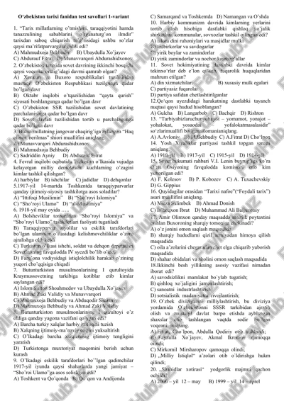 o‘zbekiston tarixi fanidan test savollari 1-variant — DOCX