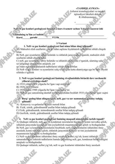 neft va gaz konlari geologiyasi fanidan 2-kurs 4-semetr uchun yakuniy nazorat ishi — DOCX