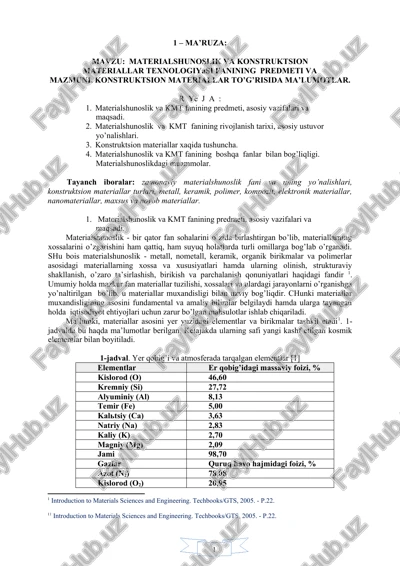 materialshunoslik va konstruktsion materiallar texnologiyasi — DOCX