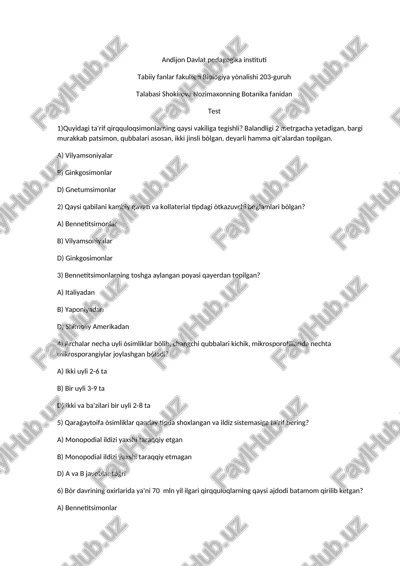 biologiya fanidan test savollari — DOCX
