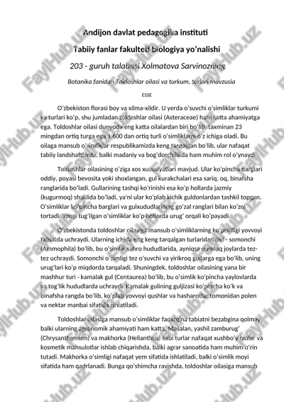 toldoshlar oilasi va turkum, turlari — DOCX