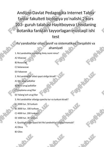 roʻyandoshlar oilasi tasnif va sistematikasi — DOCX