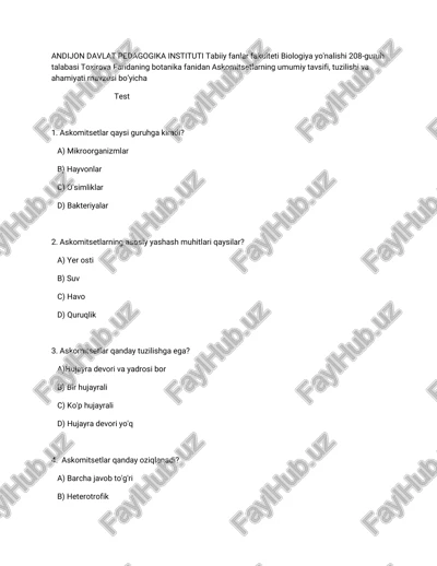 askomitsetlarning umumiy tavsifi, tuzilishi va ahmiyati — PDF