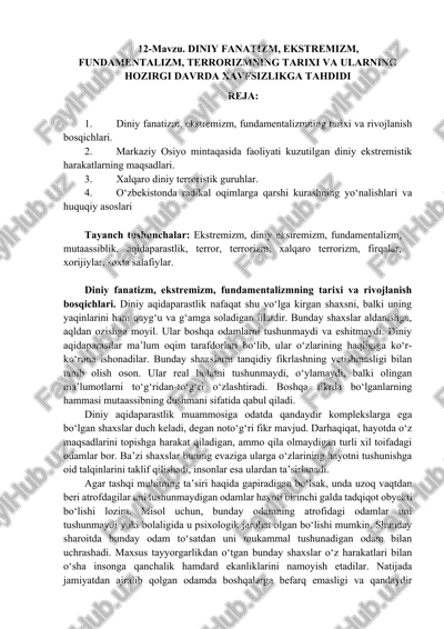 diniy fanatizm, ekstremizm, fundamentalizm — DOCX