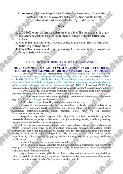 oliy ta’lim muassasalarida ta’lim jarayonini tashkil etish bilan bog‘liq tizimni takomillashtirish chora-tadbirlari — DOCX