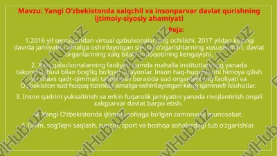 yangi o‘zbekiston xalq chilvi va insonparvar davlat qurishning ijtimoiy-siyosiyahamiyati — PPTX