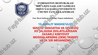 sanoatda va qishloq xo`jaligida ishlatiladigan zaxarli kimyoviy moddalarning (zkm) tasnifi va ta`sir mexanizmi — PPTX