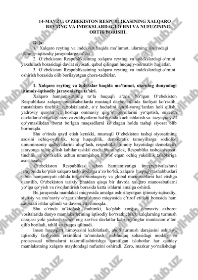 o‘zbekiston respublikasining xalqaro reyting va indekslardagi o‘rni va nufuzining ortib borishi — DOCX