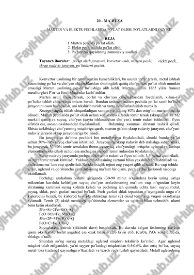 marten va elektr pechlarida po’lat olish — DOCX