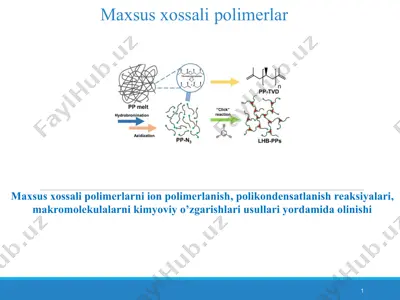 maxsus xossali polimerlarni ion polimerlanish, polikondensatlanish reaksiyalari, makromolekulalarni kimyoviy o’zgarishlari usullari yordamida olinishi — PPT