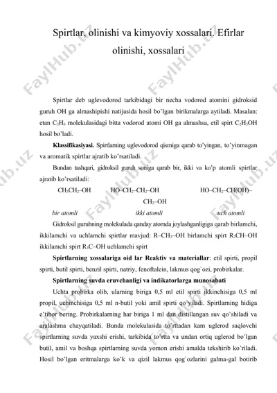 spirtlar, olinishi va kimyoviy xossalari. efirlar olinishi, xossalari — DOC