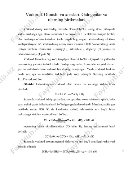 vodorod. olinishi va xosslari. galogenlar va ularning birikmalari — DOC