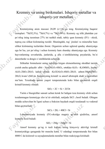kremniy va uning birikmalari. ishqoriy metallar va ishqoriy-yer metallari — DOC