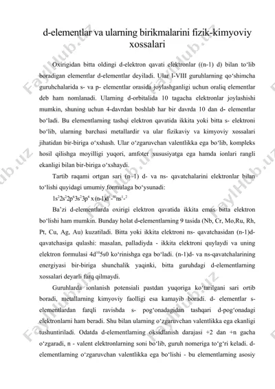 d-elementlar va ularning birikmalarini fizik-kimyoviy xossalari — DOC