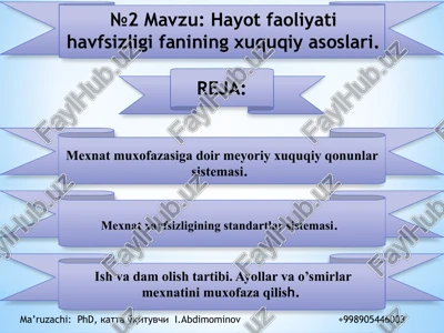 hayot faoliyatini havfsizligi fanining xuquqiy asoslari — PPTX