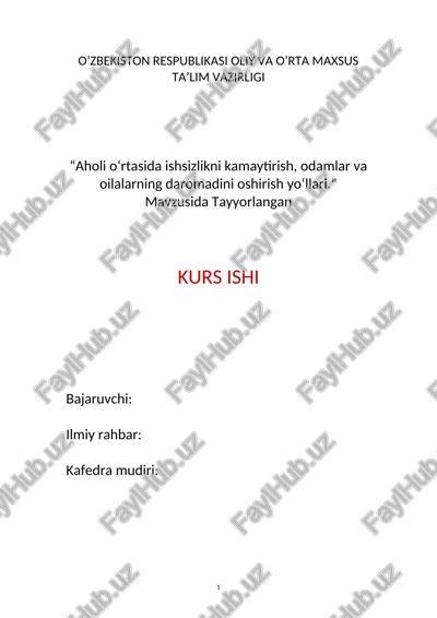 aholi o‘rtasida ishsizlikni kamaytirish, odamlar va oilalarning daromadini oshirish yo‘llari — DOC