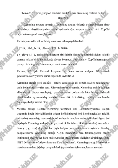 xemming neyron torı hám arxitekturasi — DOCX