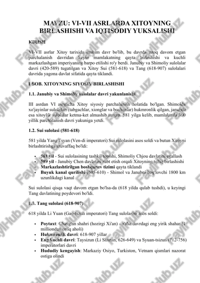 vi-vii asrlarda xitoyning birlashishi va iqtisodiy yuksalishi — DOCX