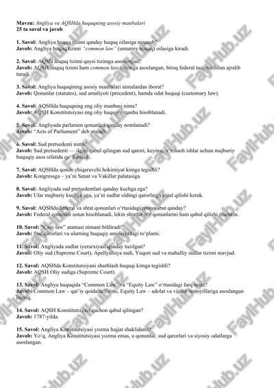 angliya va aqshda huquqning asosiy manbalari — DOCX