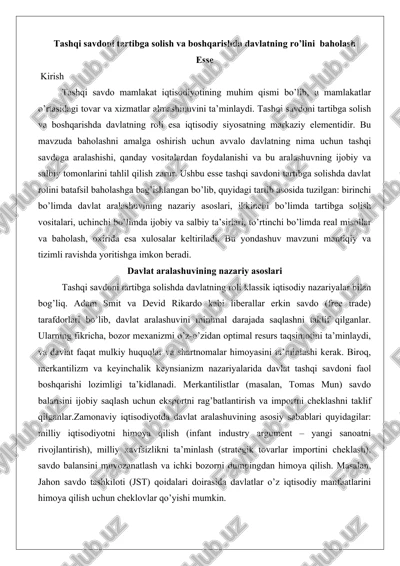 tashqi savdoni tartibga solish va boshqarishda davlatning ro’lini baholash — DOCX